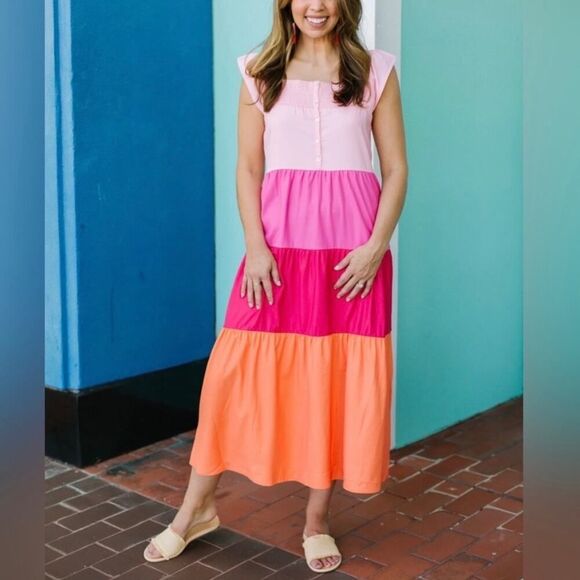 New Michelle McDowell Pink Color Block Ellis Maxi Dress‎ Large - Picture 1 of 7